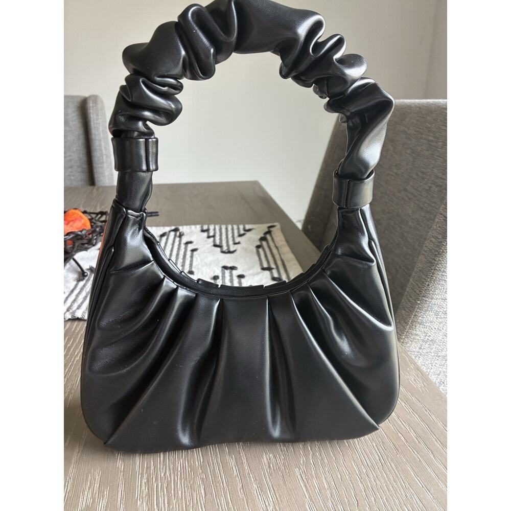 JW PEI Black Ruched Pleated Crescent Shoulder Bag Small Top Handle - Picture 2 of 5